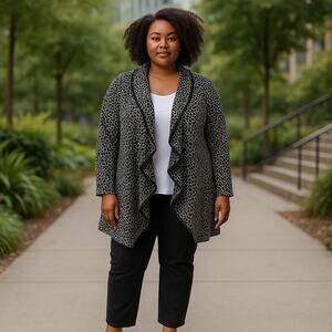Tahari ASL Plus Sz 24 Animal Print Ruffle Open Front Tunic Cardigan Black Cream